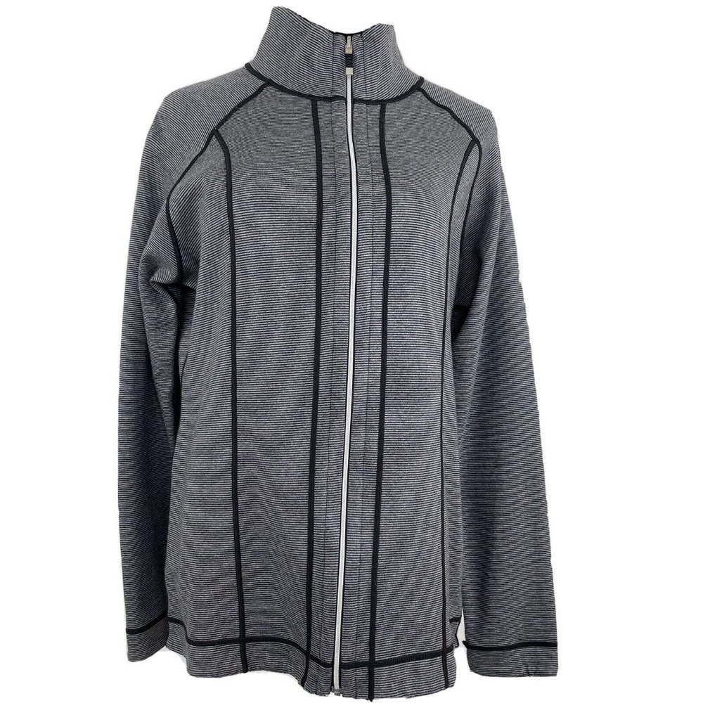 Kirkland Signature Womens Full Zip Active Athletic Jacket Top Black Gray Striped